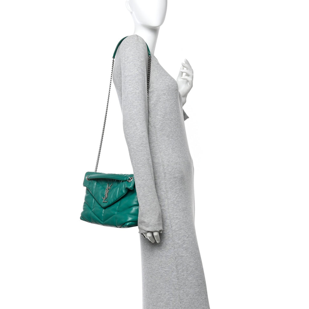 Lambskin Quilted Small Loulou Puffer Monogram Chain Satchel Green Field