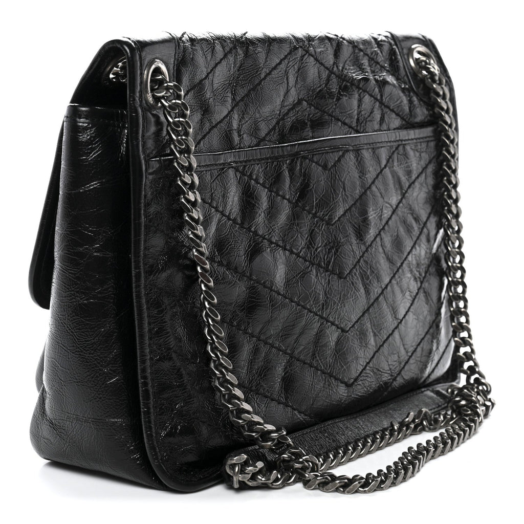 Crinkled Calfskin Matelasse Monogram Medium Niki Chain Satchel Black