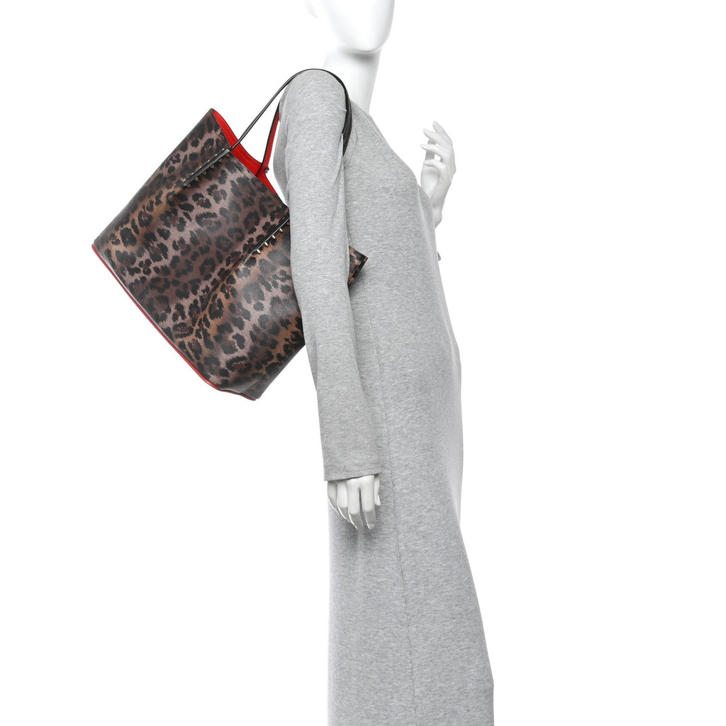Calfskin Leopard Print Spikes East West Cabata Tote Brown