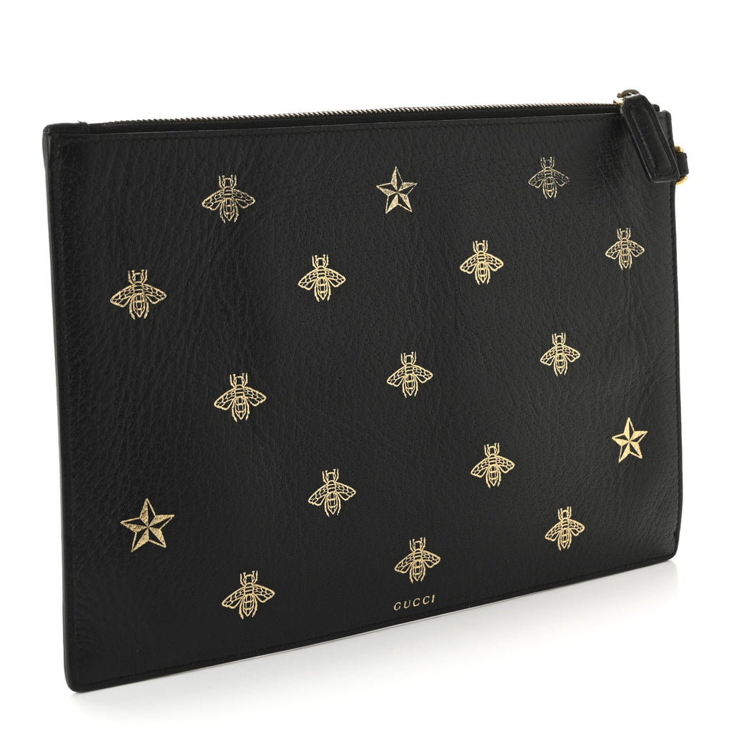 Dollar Calfskin Boar Effect Bee Star Zip Wristlet Pouch Black