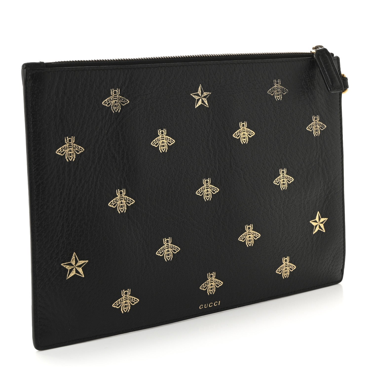 Dollar Calfskin Boar Effect Bee Star Zip Wristlet Pouch Black