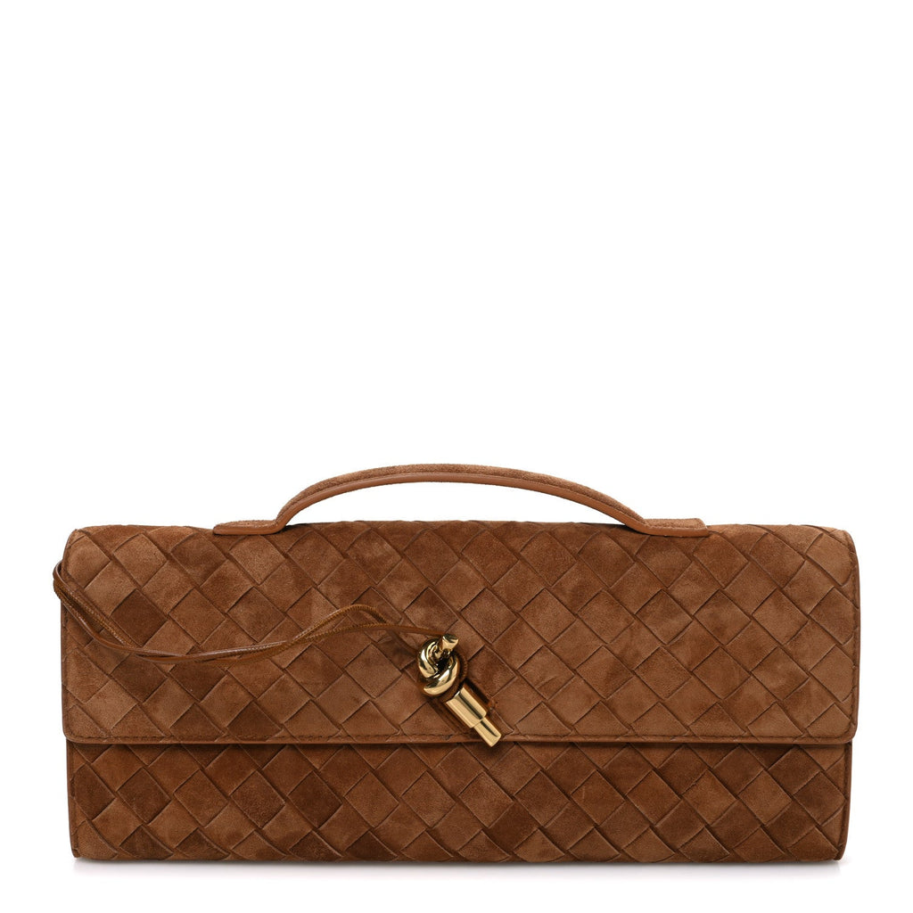 Suede Intrecciato Long Andiamo Top Handle Clutch Amber