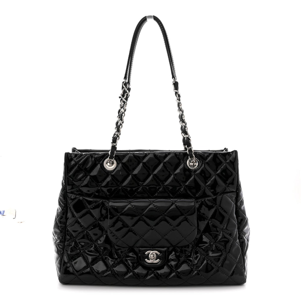 Patent Quilted Large Coco Shine Shopping Tote Black