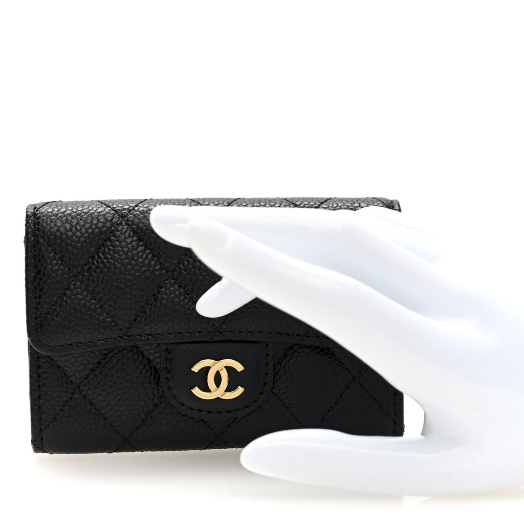 Caviar Quilted Flap  Holder Wallet Black
