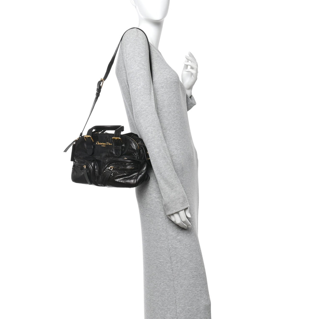 Crinkled Calfskin Small Grand Tour Bowling Bag Black