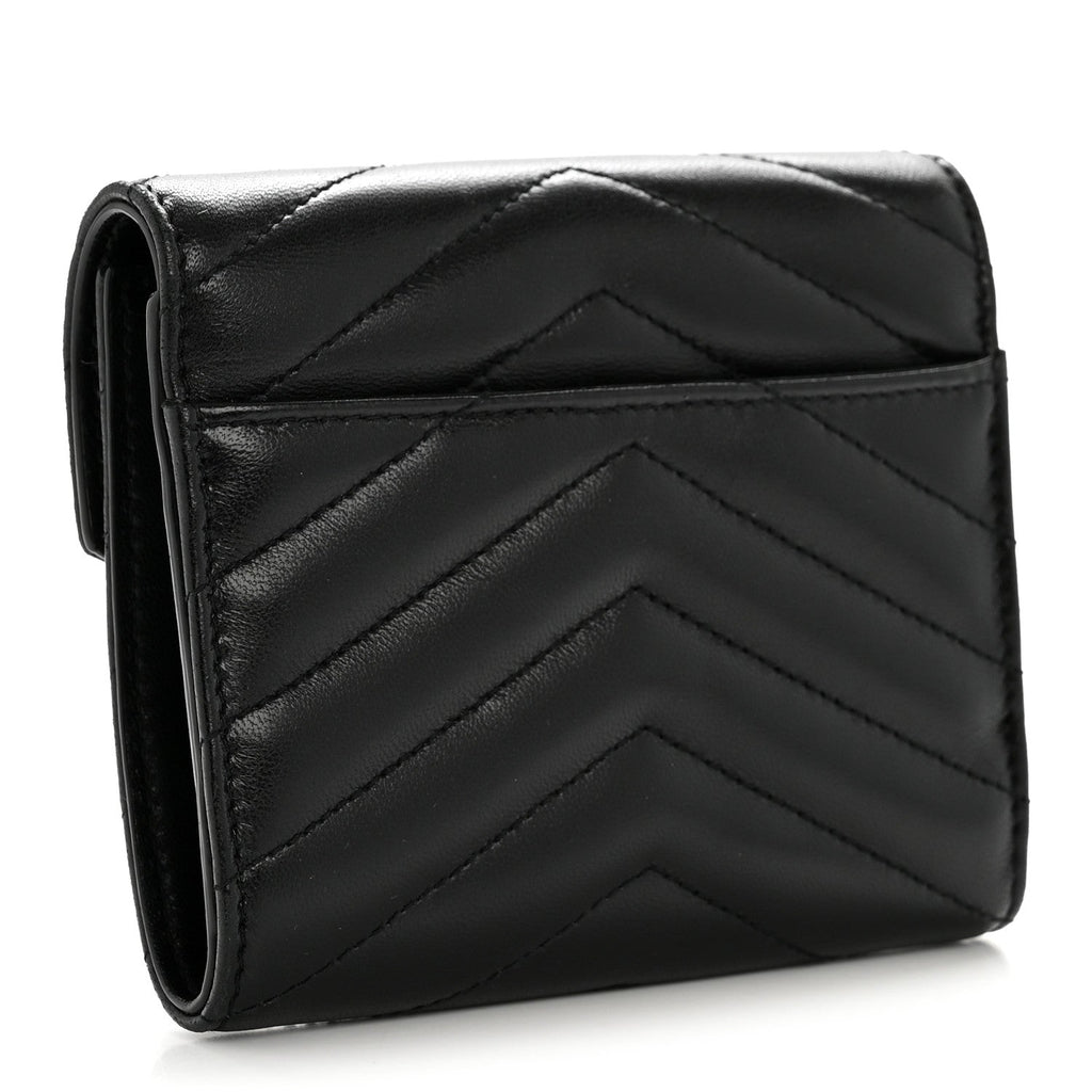 Lambskin Matelasse Chevron Monogram Compact Tri Fold Wallet Black