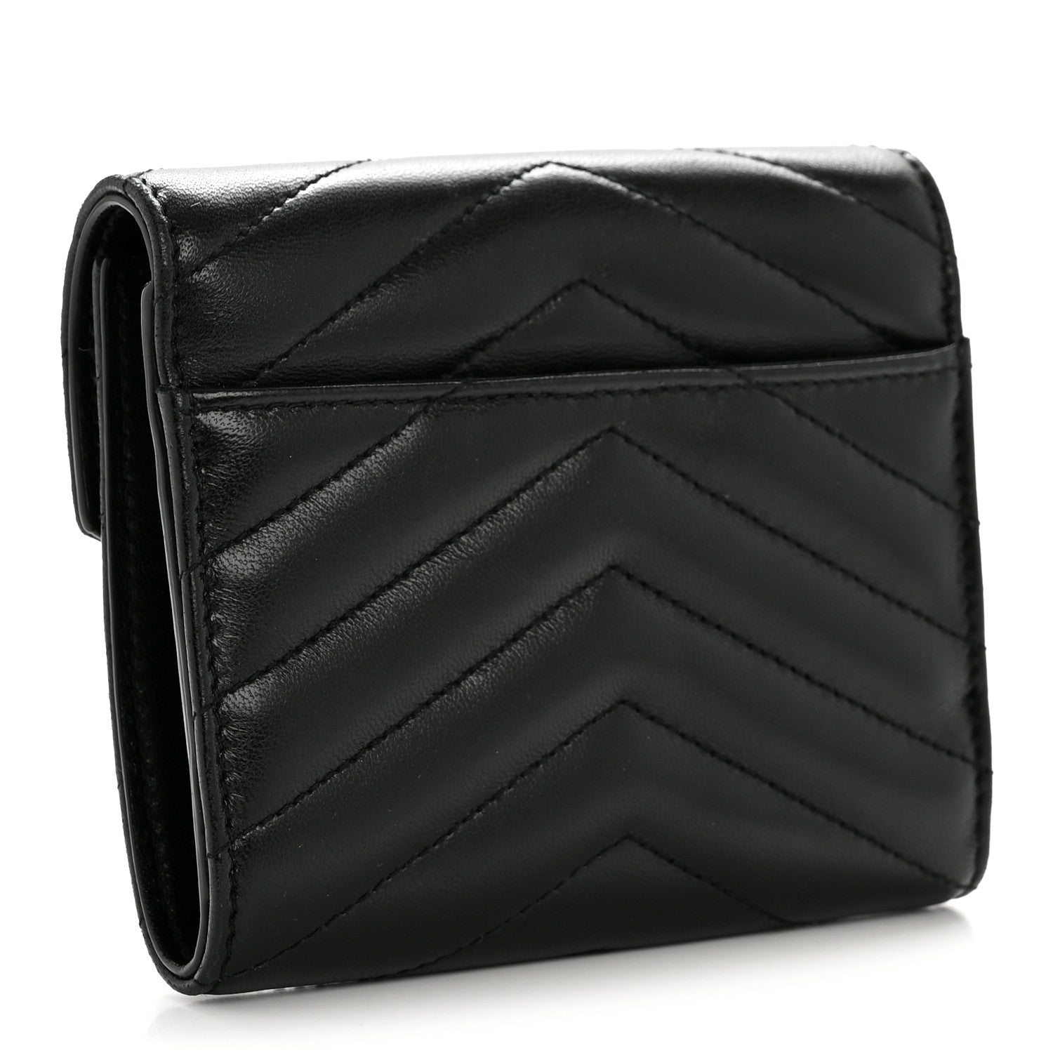 Lambskin Matelasse Chevron Monogram Compact Tri Fold Wallet Black