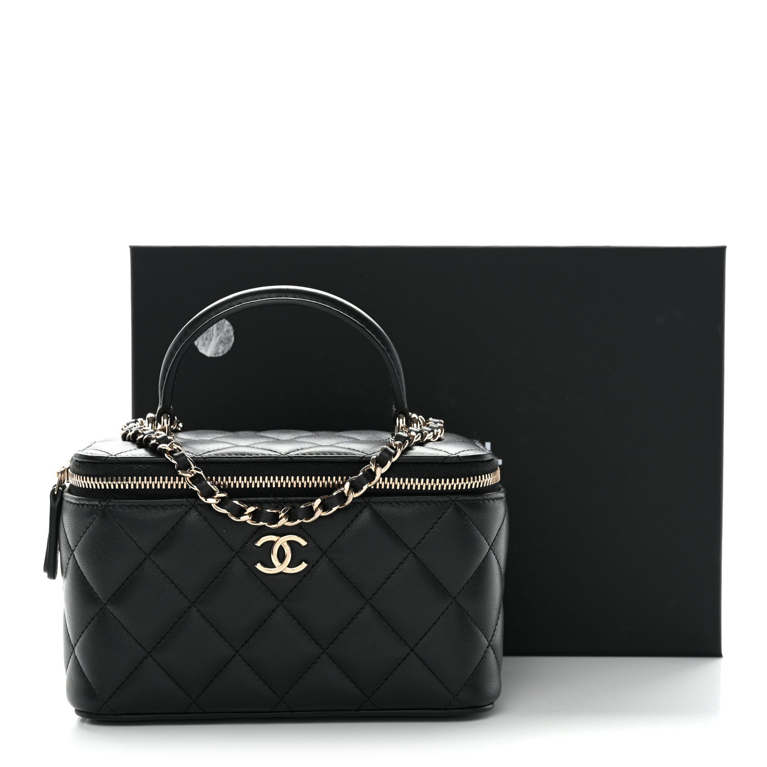 Lambskin Quilted Small Top Handle Vanity Case With Chain Black