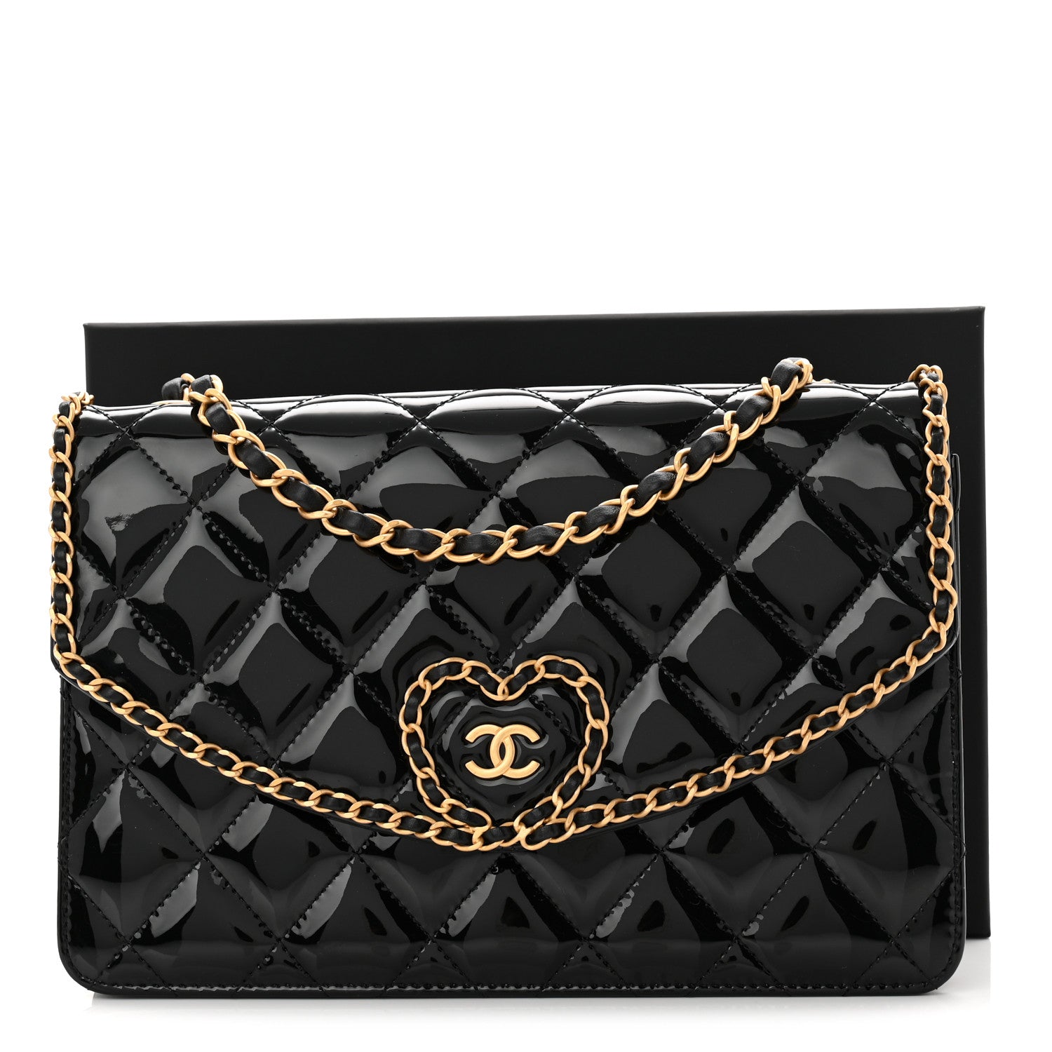 Patent Quilted Chain Around Heart Flap Black