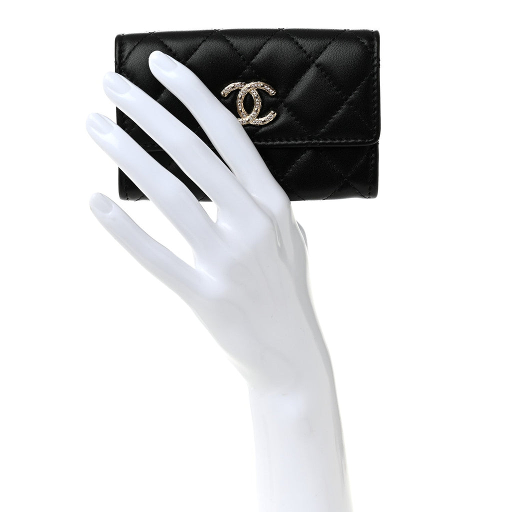 Shiny Lambskin Quilted Textured CC  Holder Black