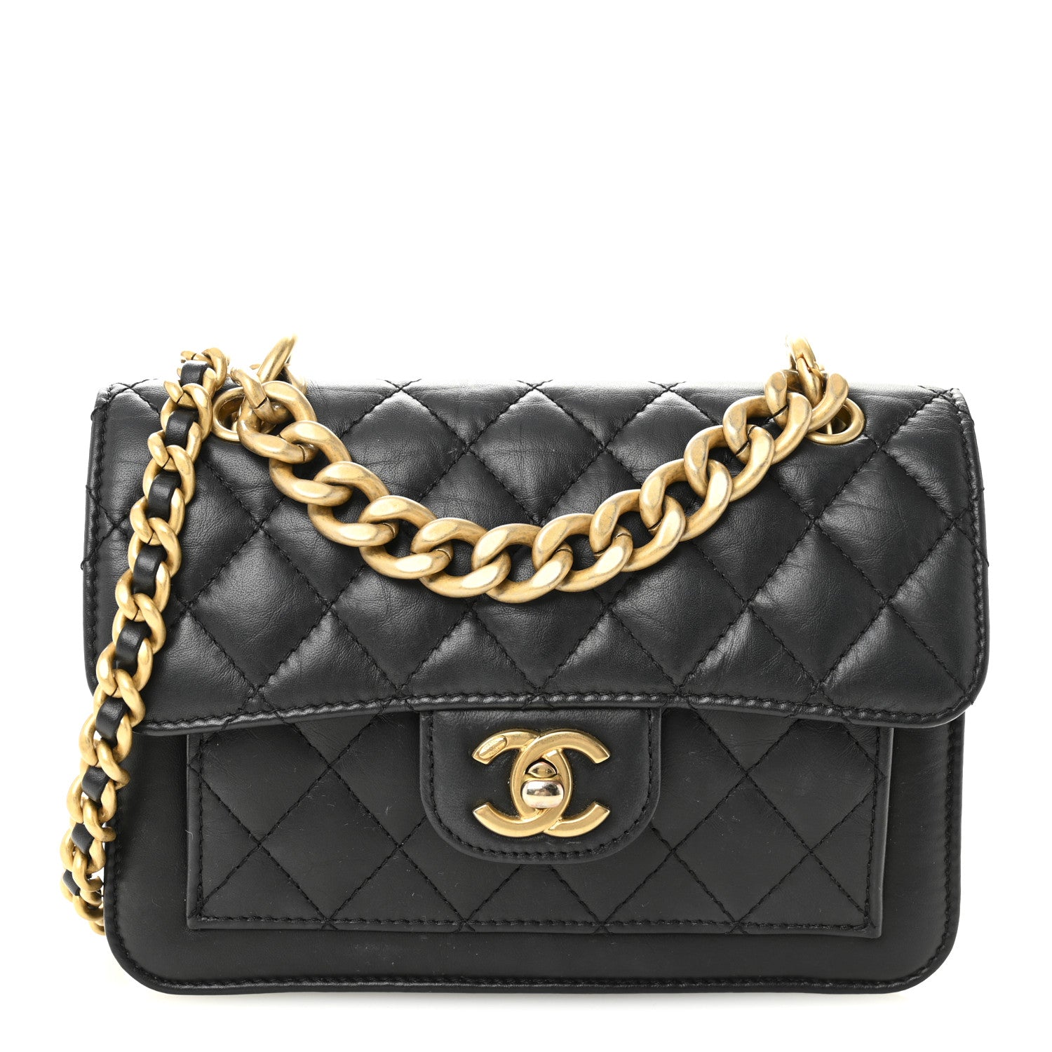 Aged Calfskin Quilted Double You Mini Flap Black