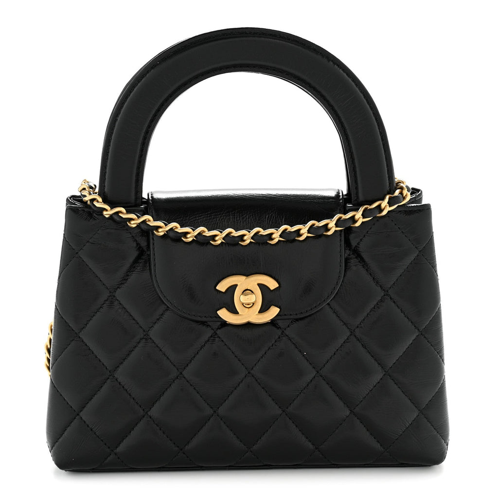 Shiny Aged Calfskin Quilted Nano Kelly Shopper Black
