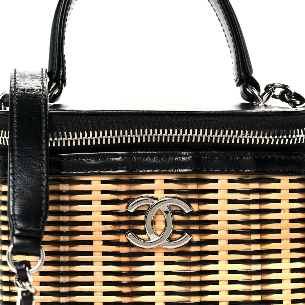 Calfskin Raffia Small Vanity Case Bag Black Beige
