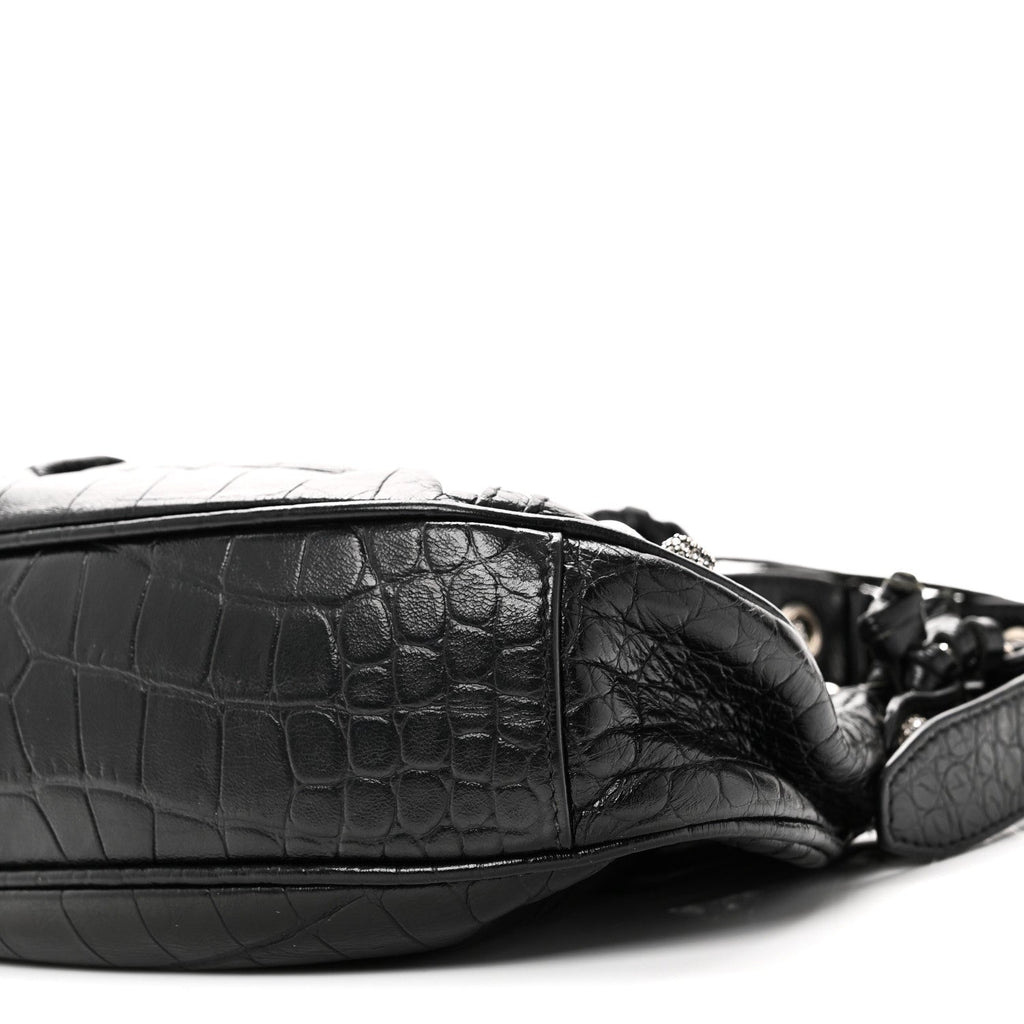 Extra Supple Calfskin Crystal Crocodile Embossed Le Cagole Shoulder Bag XS Black