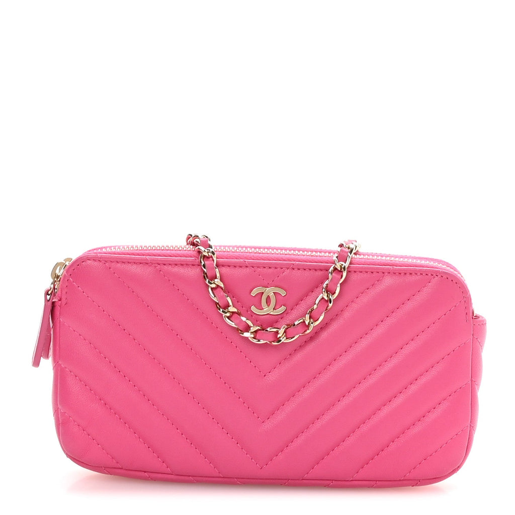 Lambskin Chevron Quilted Small Clutch With Chain Pink