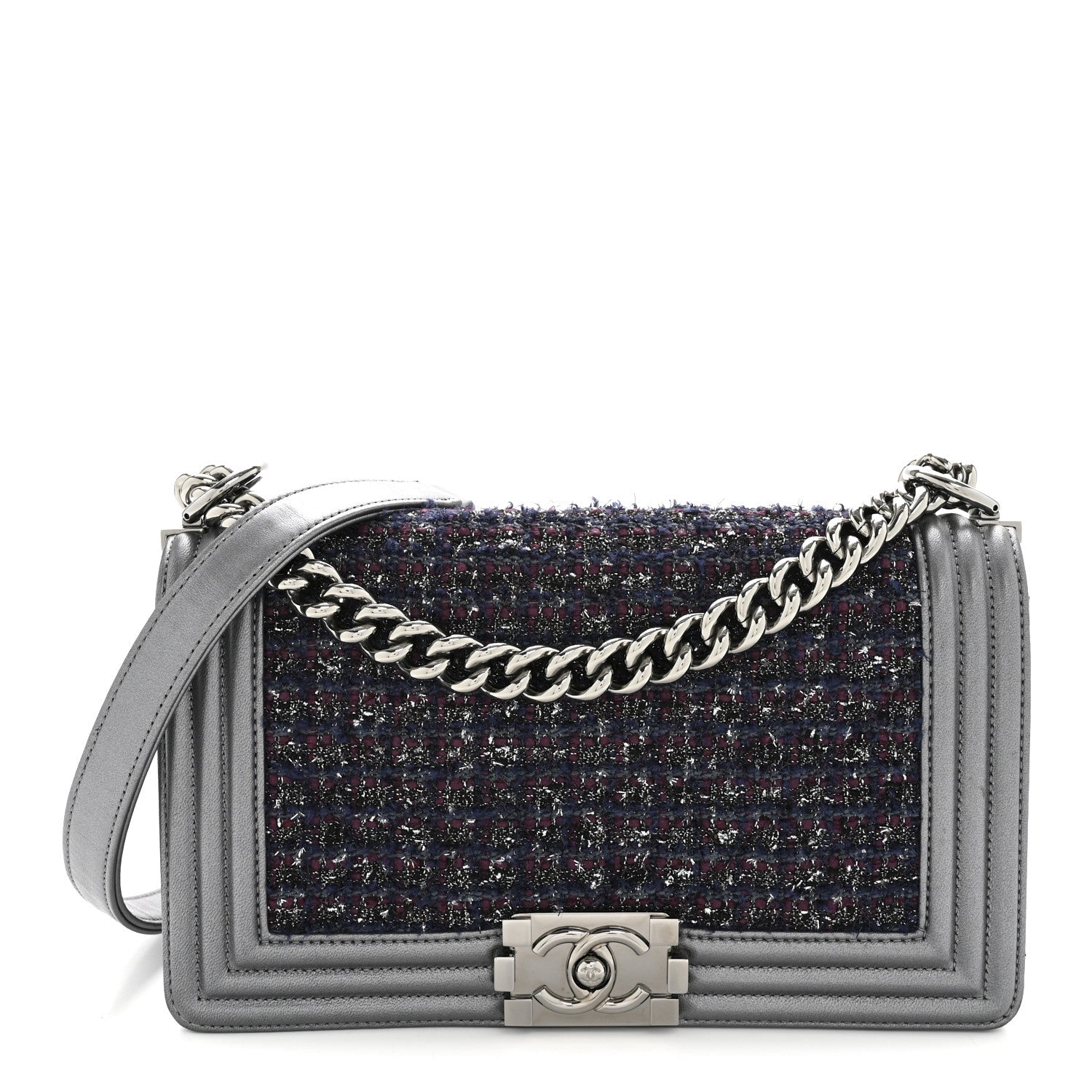 Tweed Metallic Lambskin Medium Boy Flap Silver