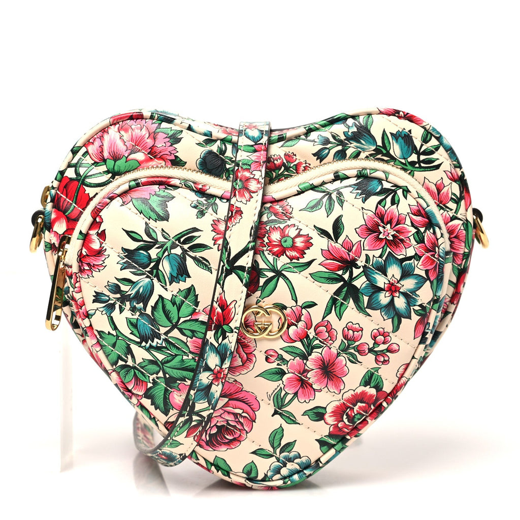 Calfskin Matelasse Diagonal Brit Roses Print Mini Interlocking G Heart Shoulder Bag  White Multicolor