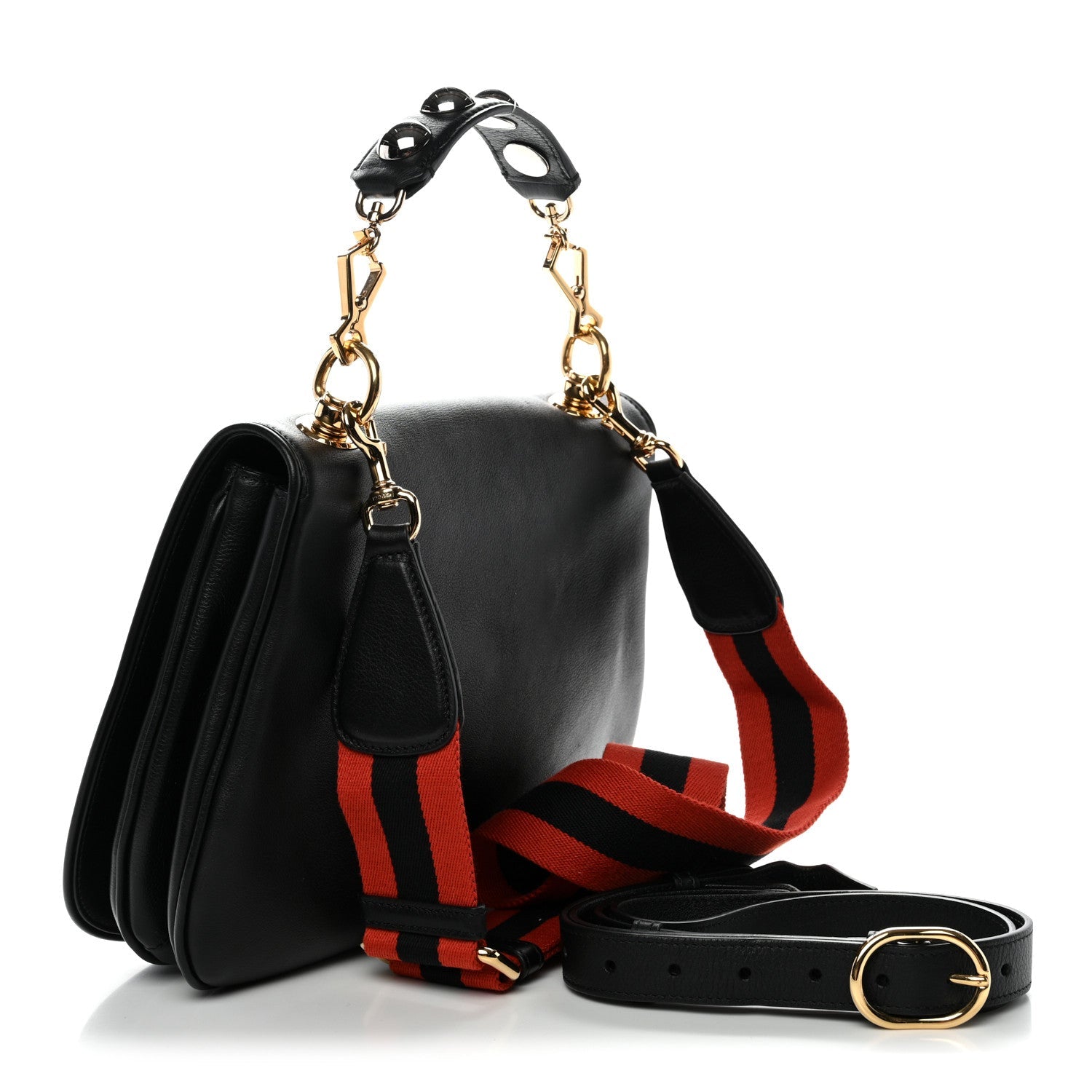 Roxy Calfskin Web Medium Studded Blondie Shoulder Flap Bag Black