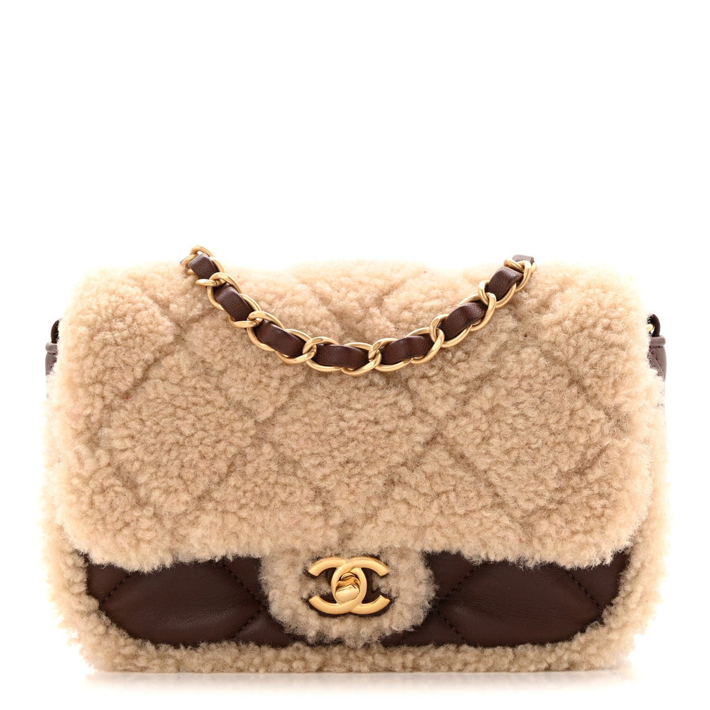 Shearling Lambskin Quilted Mini Furry Coco Flap Beige Dark Brown