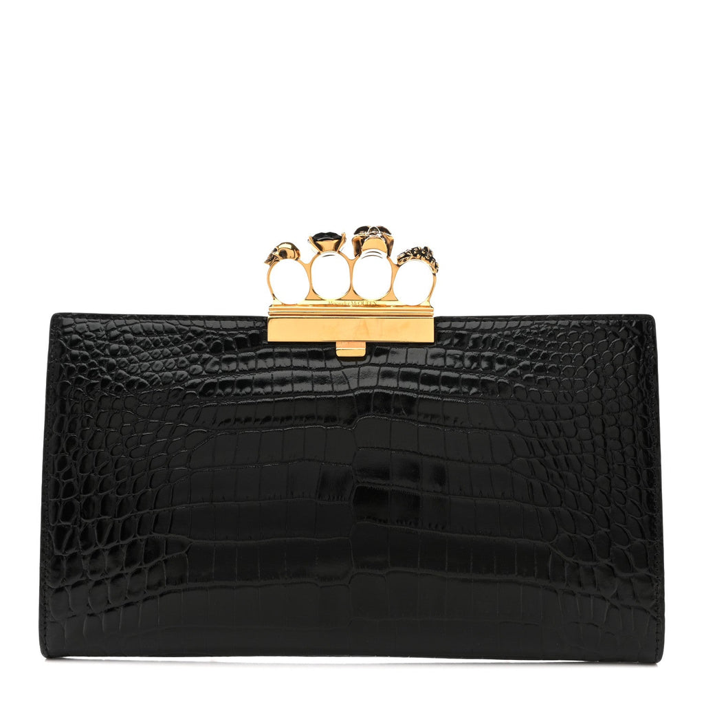 Calfskin Crocodile Embossed Knuckle Flat Clutch Black Gold