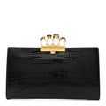 Calfskin Crocodile Embossed Knuckle Flat Clutch Black Gold