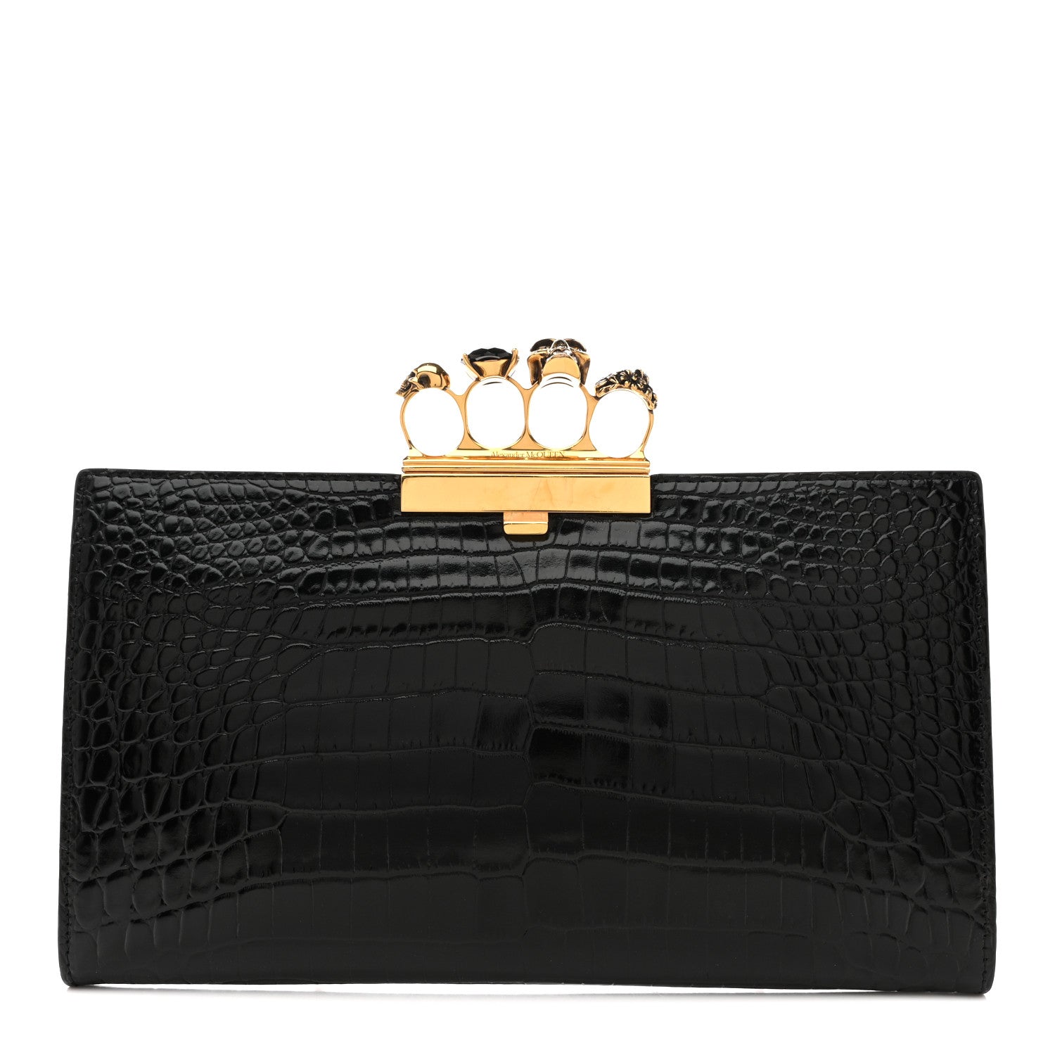 Calfskin Crocodile Embossed Knuckle Flat Clutch Black Gold