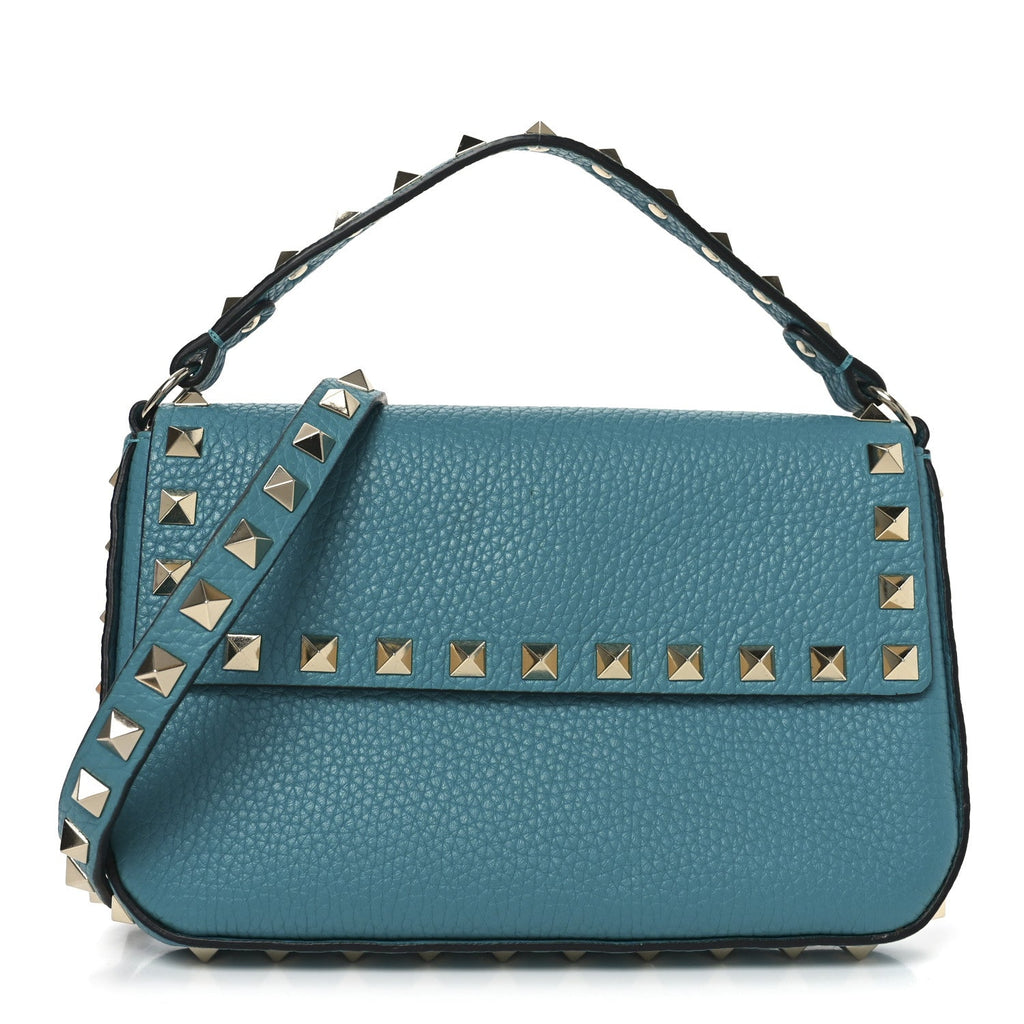 Grainy Calfskin Rockstud Crossbody Pouch Ultra Marine Green