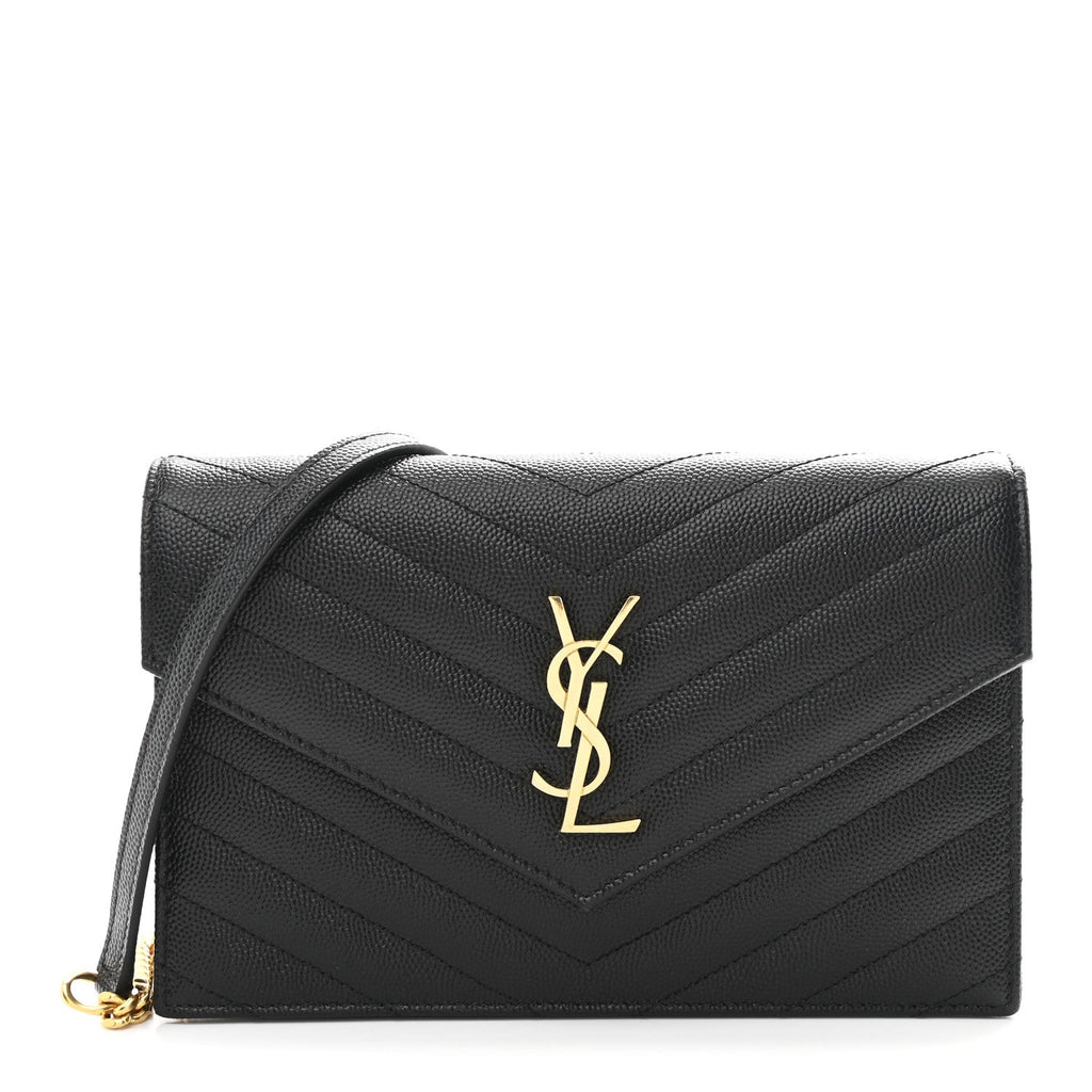 Grain De Poudre Matelasse Chevron Monogram Envelope Chain Wallet Black