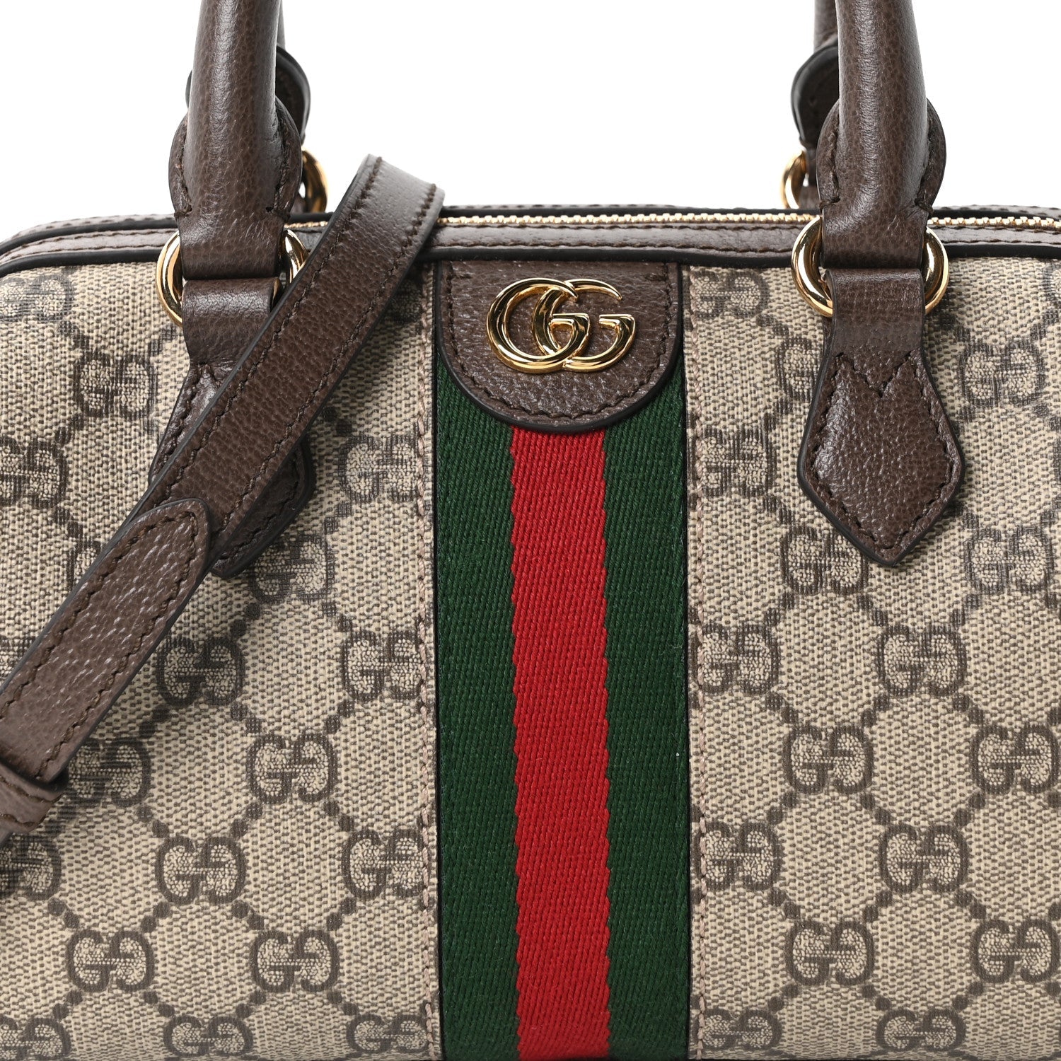GG Supreme Monogram Textured Dollar Calfskin Web Mini Ophidia Top Handle Bag Beige Ebony New Acero