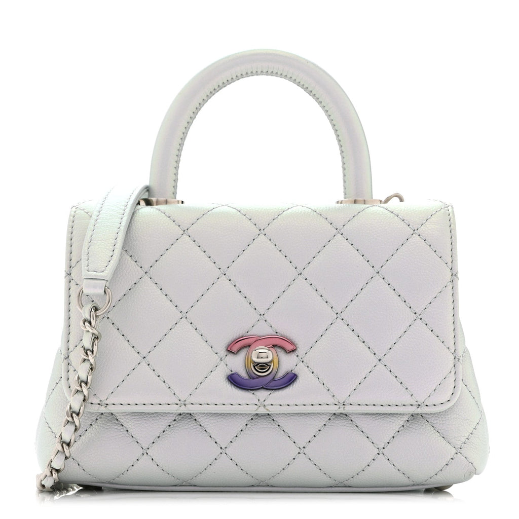 Iridescent Caviar Quilted Extra Mini Coco Handle Flap Light Blue