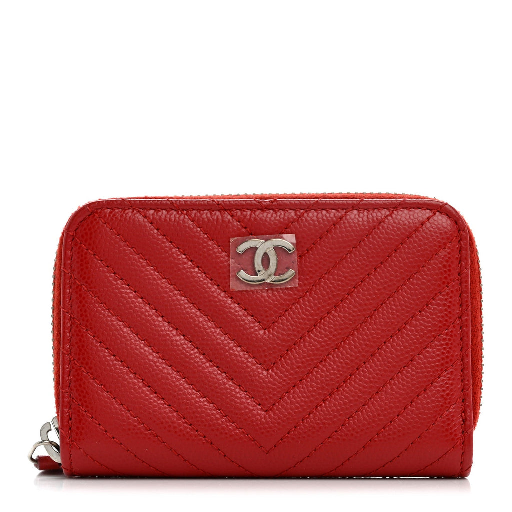 Caviar Chevron Quilted Zip Around Coin Purse Red