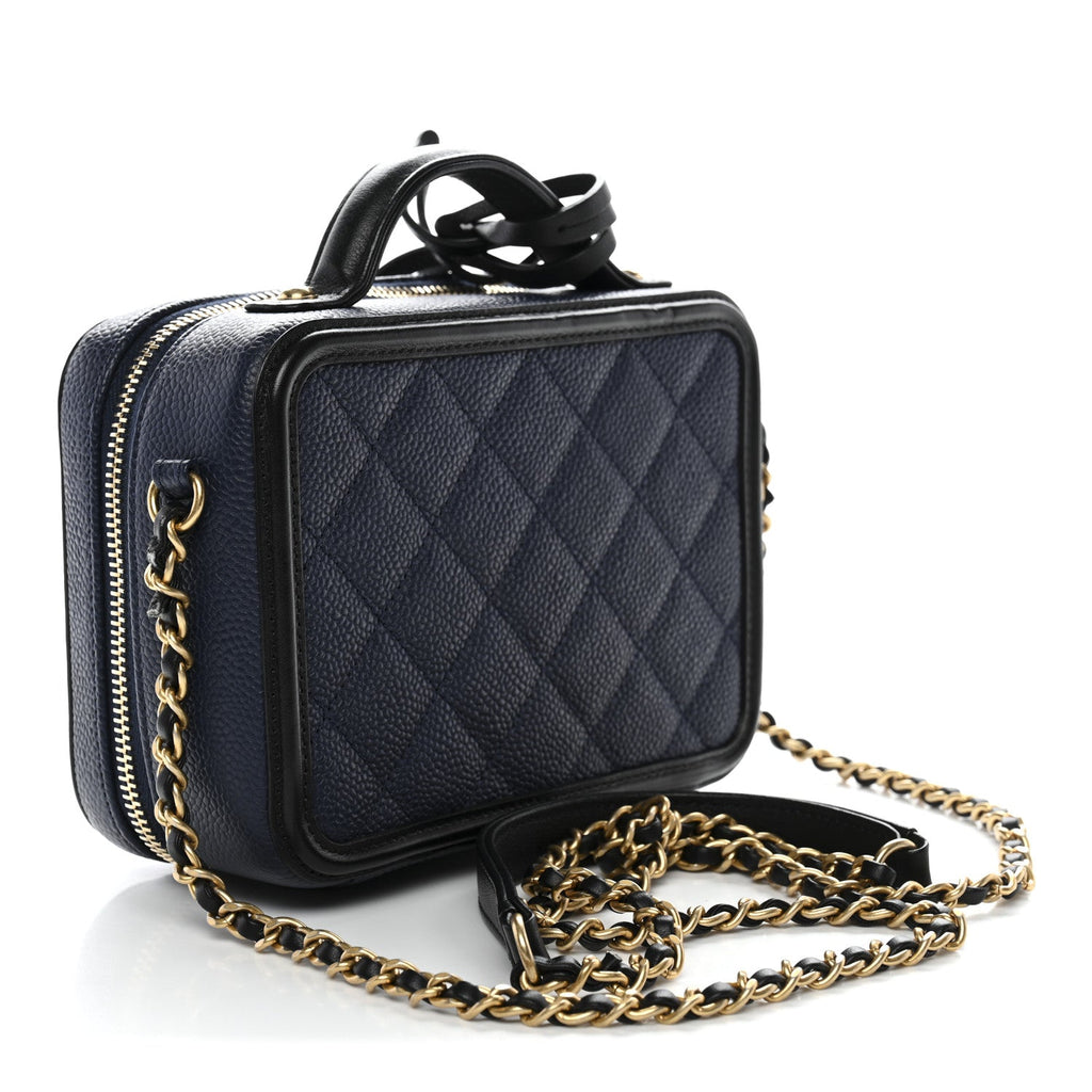 Caviar Quilted Small CC Filigree Vanity Case Navy Black