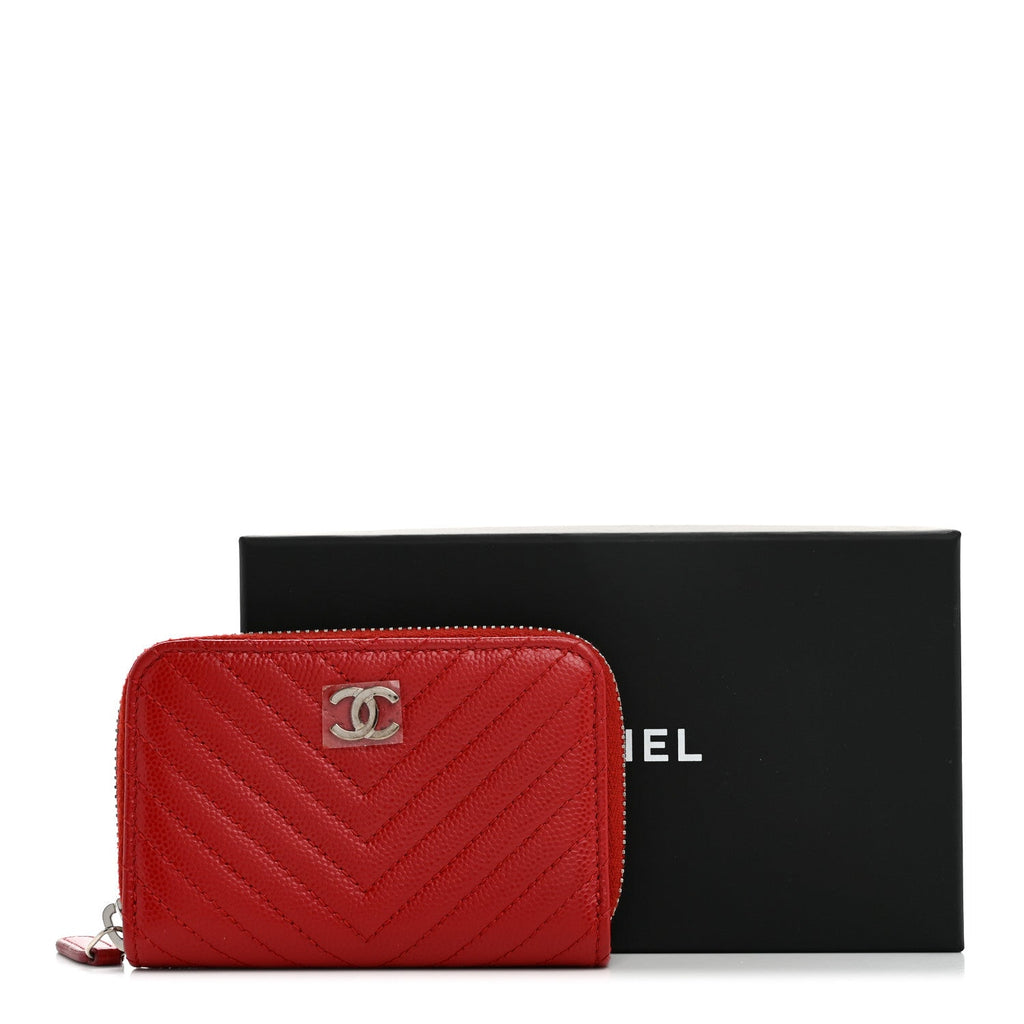 Caviar Chevron Quilted Zip Around Coin Purse Red