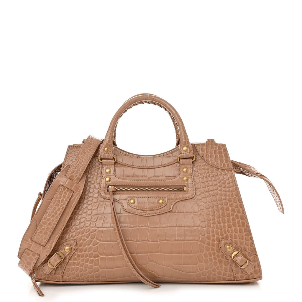 Shiny Supple Calfskin Crocodile Embossed Neo Classic Gold Hardware City Nude Beige