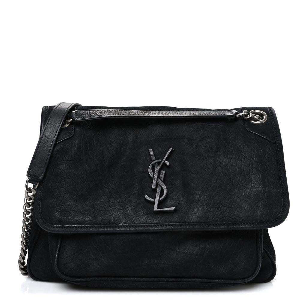 Nubuck Crocodile Embossed Monogram Medium Niki Chain Satchel Black