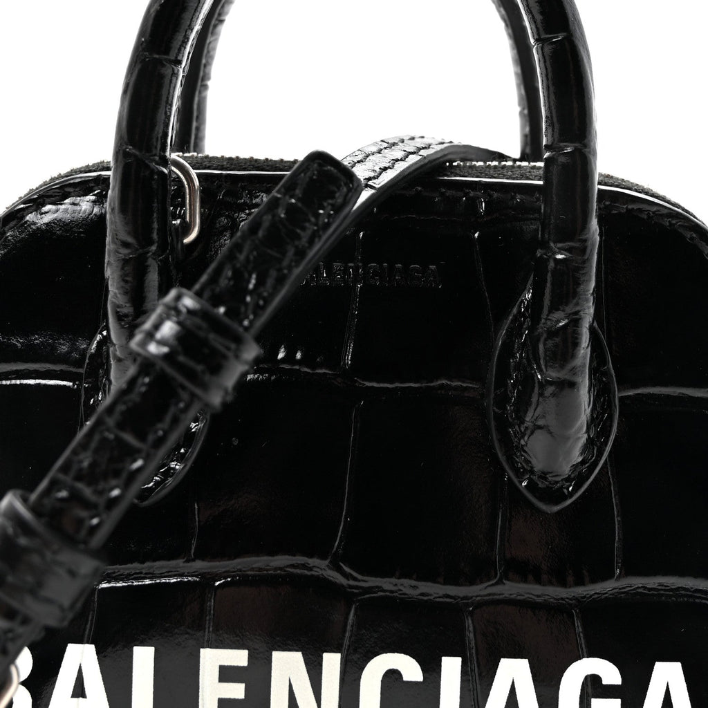 Shiny Calfskin Logo Crocodile Embossed Mini Ville Top Handle Bag Black