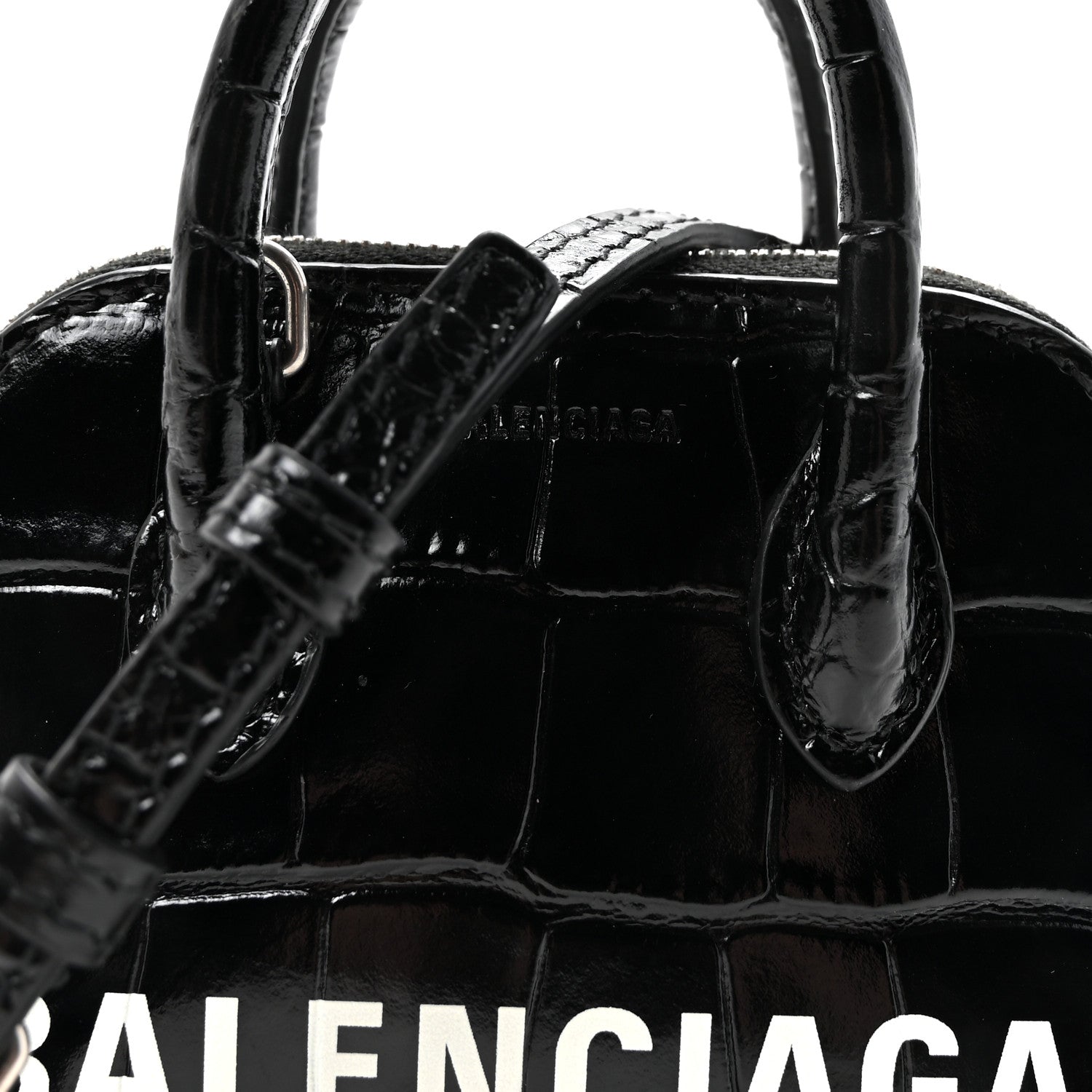 Shiny Calfskin Logo Crocodile Embossed Mini Ville Top Handle Bag Black