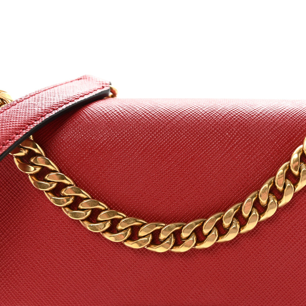 Saffiano Soft Calfskin Metal Triangle Logo Envelope Chain Shoulder Bag Fuoco