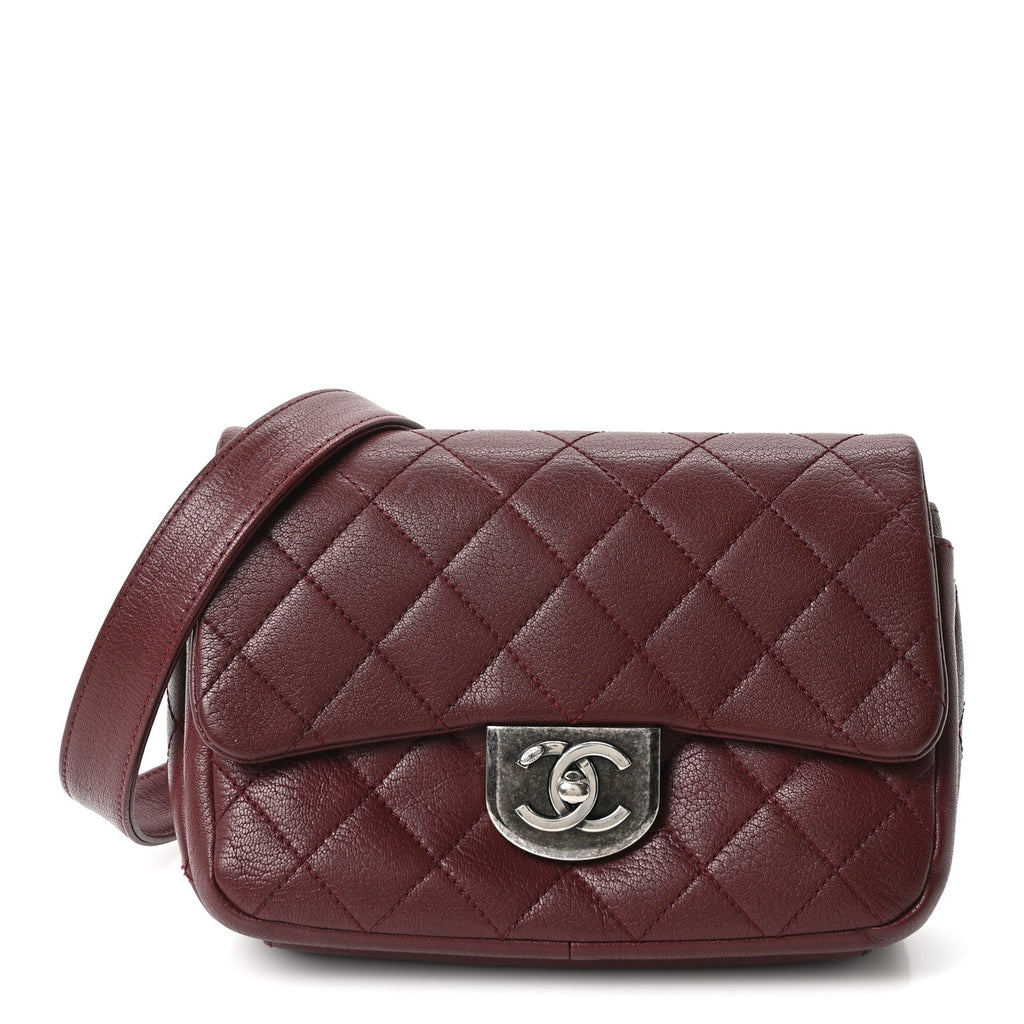 Shiny Goatskin Quilted Small Double Carry Waist Chain Flap Burgundy