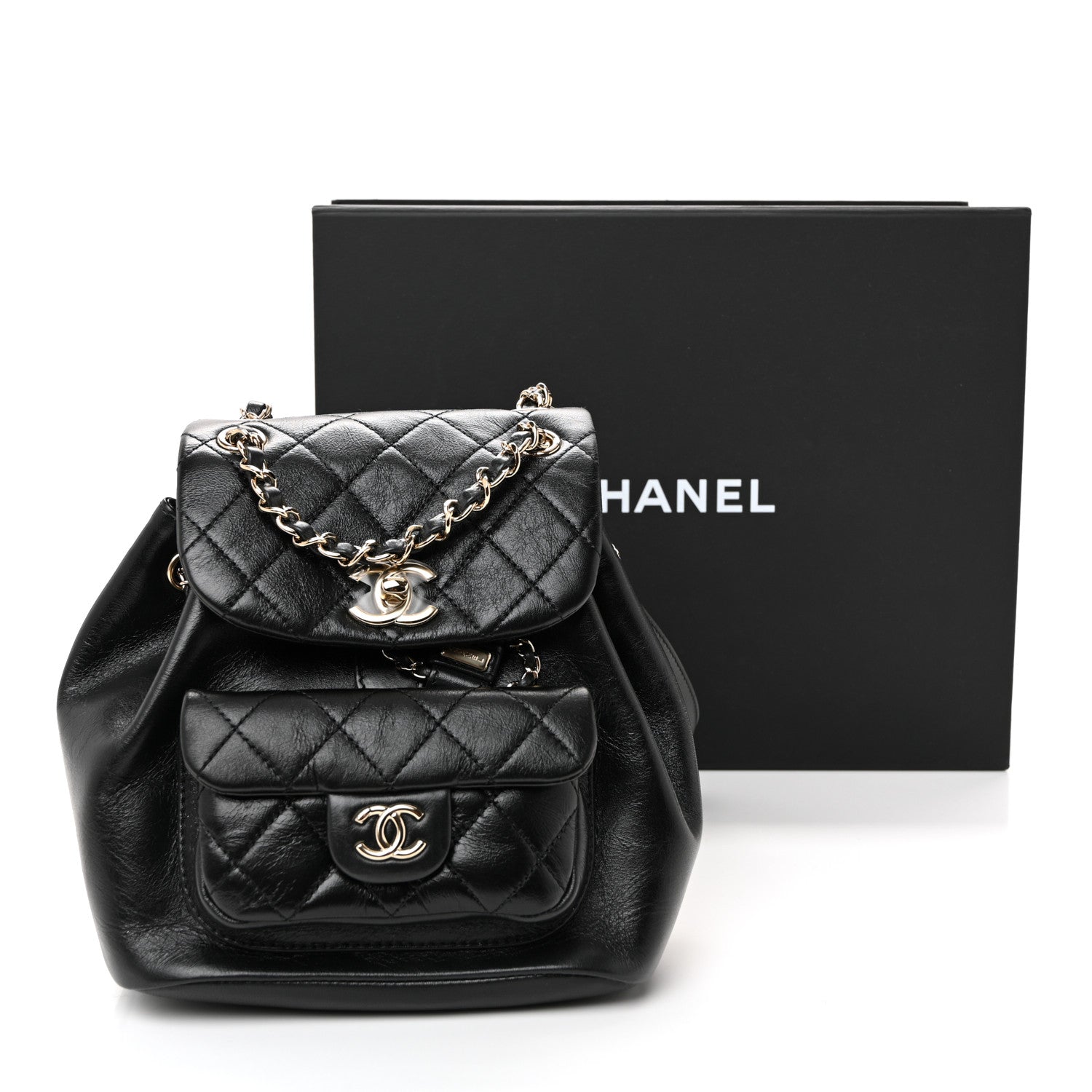 Glazed Aged Calfskin Quilted Small Duma Drawstring Backpack Black