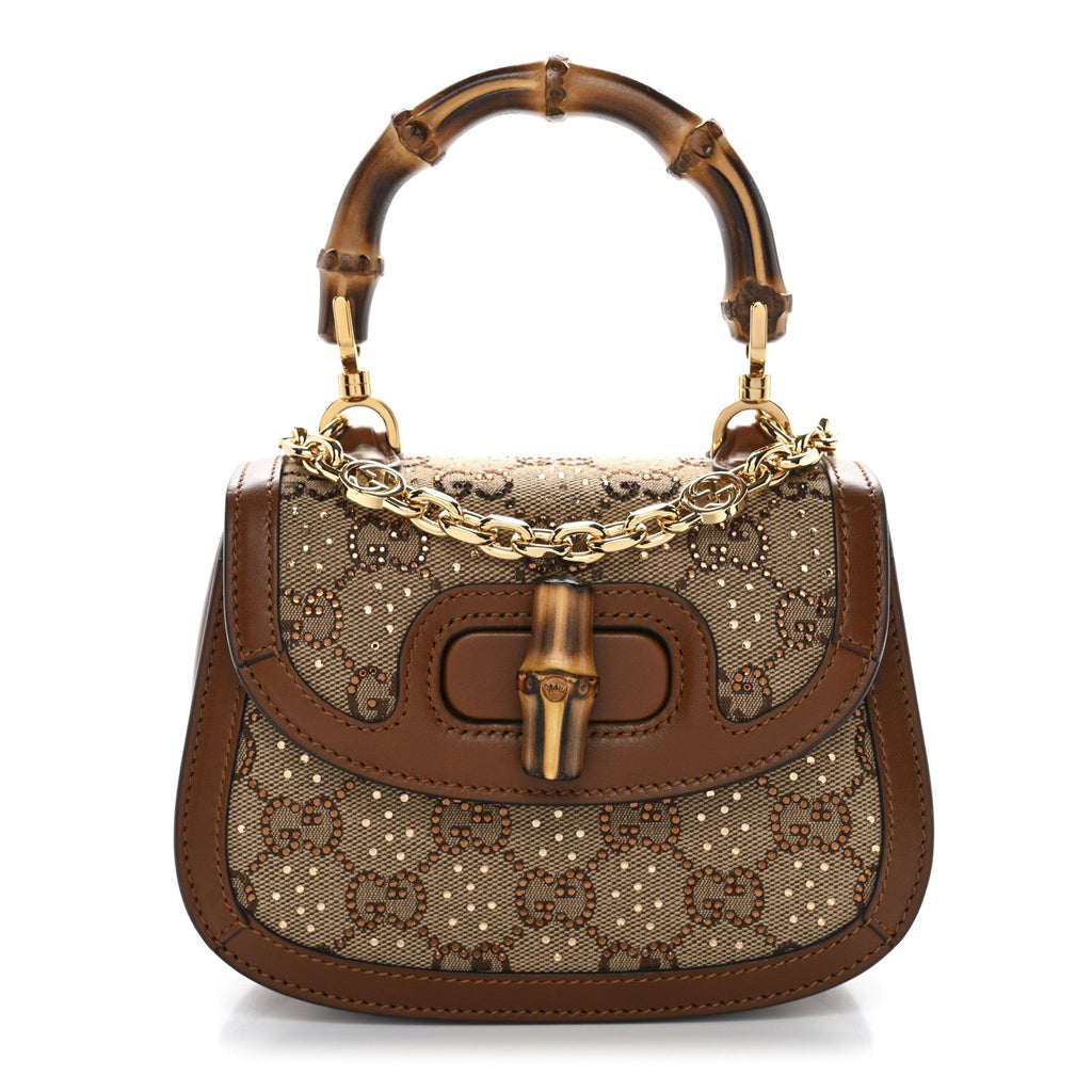 New Canvas Charisma Calfskin Crystal GG Monogram Small Bamboo 1947 Top Handle Bag Camel Ebony