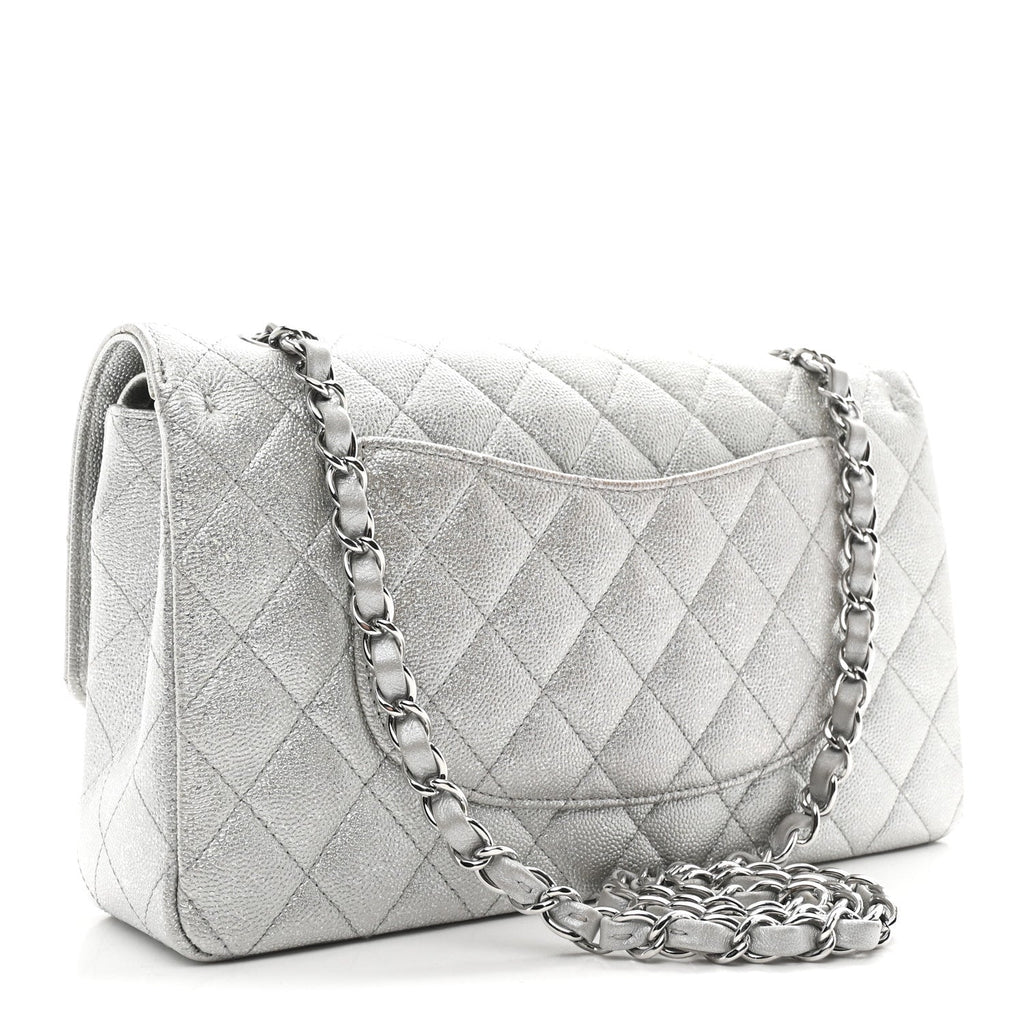 Glittered Metallic Caviar Quilted Medium Double Flap Silver