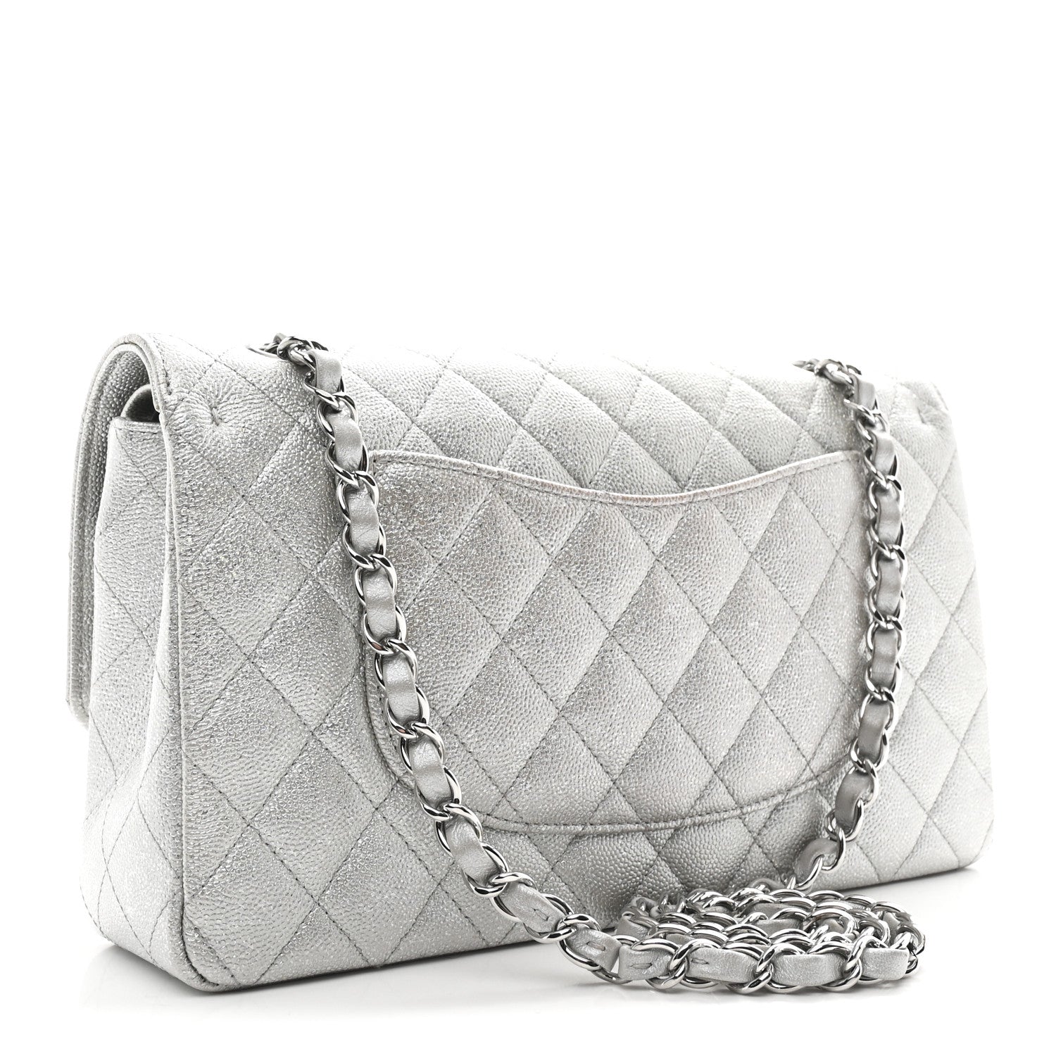 Glittered Metallic Caviar Quilted Medium Double Flap Silver