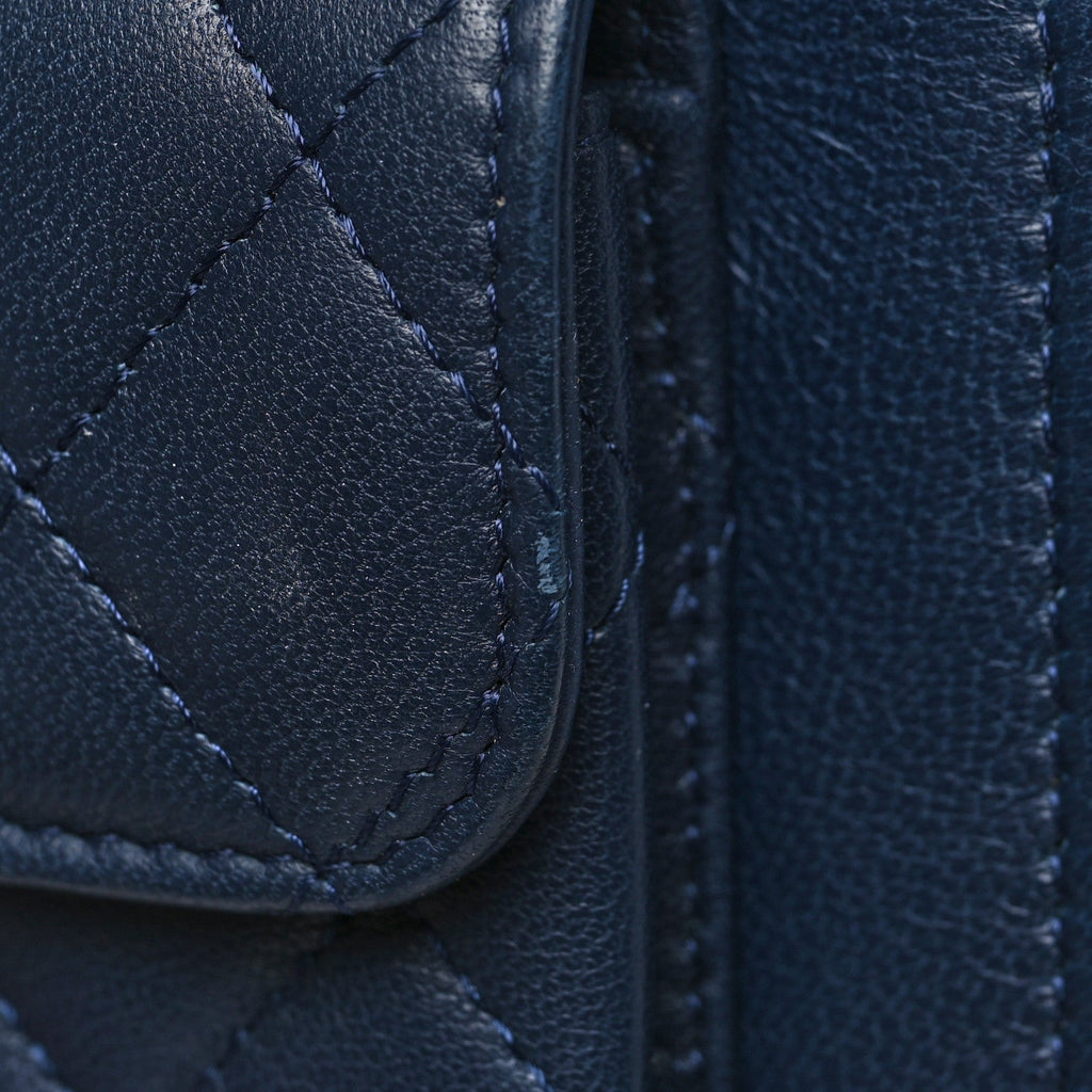 Lambskin Quilted Square Front Pocket Clutch With Chain Navy Blue