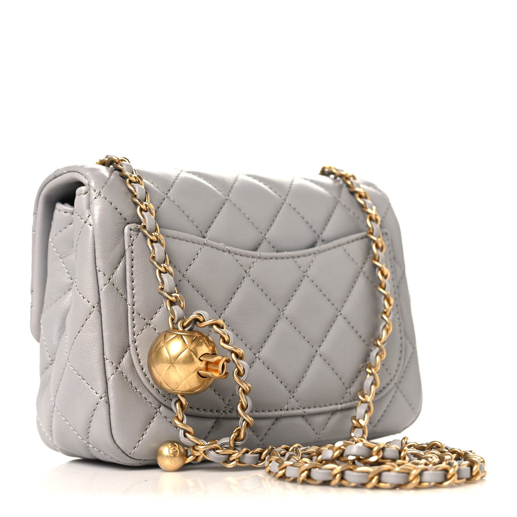 Lambskin Quilted Mini Pearl Crush Flap Light Grey
