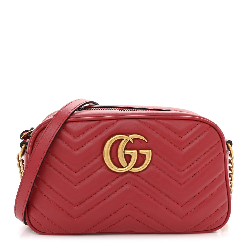 Calfskin Matelasse Small GG Marmont Chain Shoulder Bag Hibiscus Red