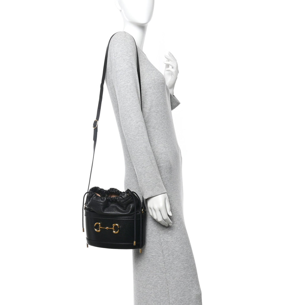 Azalea Sakai Calfskin Horsebit 1955 Drawstring Bucket Bag Black