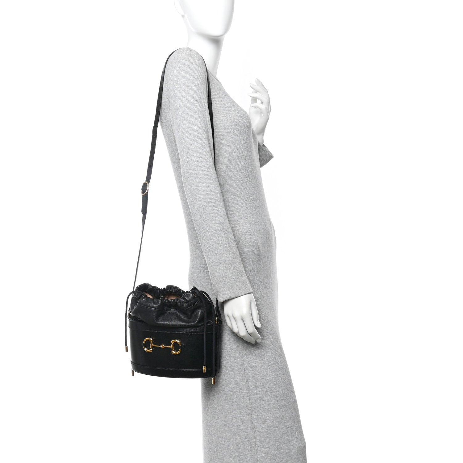 Azalea Sakai Calfskin Horsebit 1955 Drawstring Bucket Bag Black