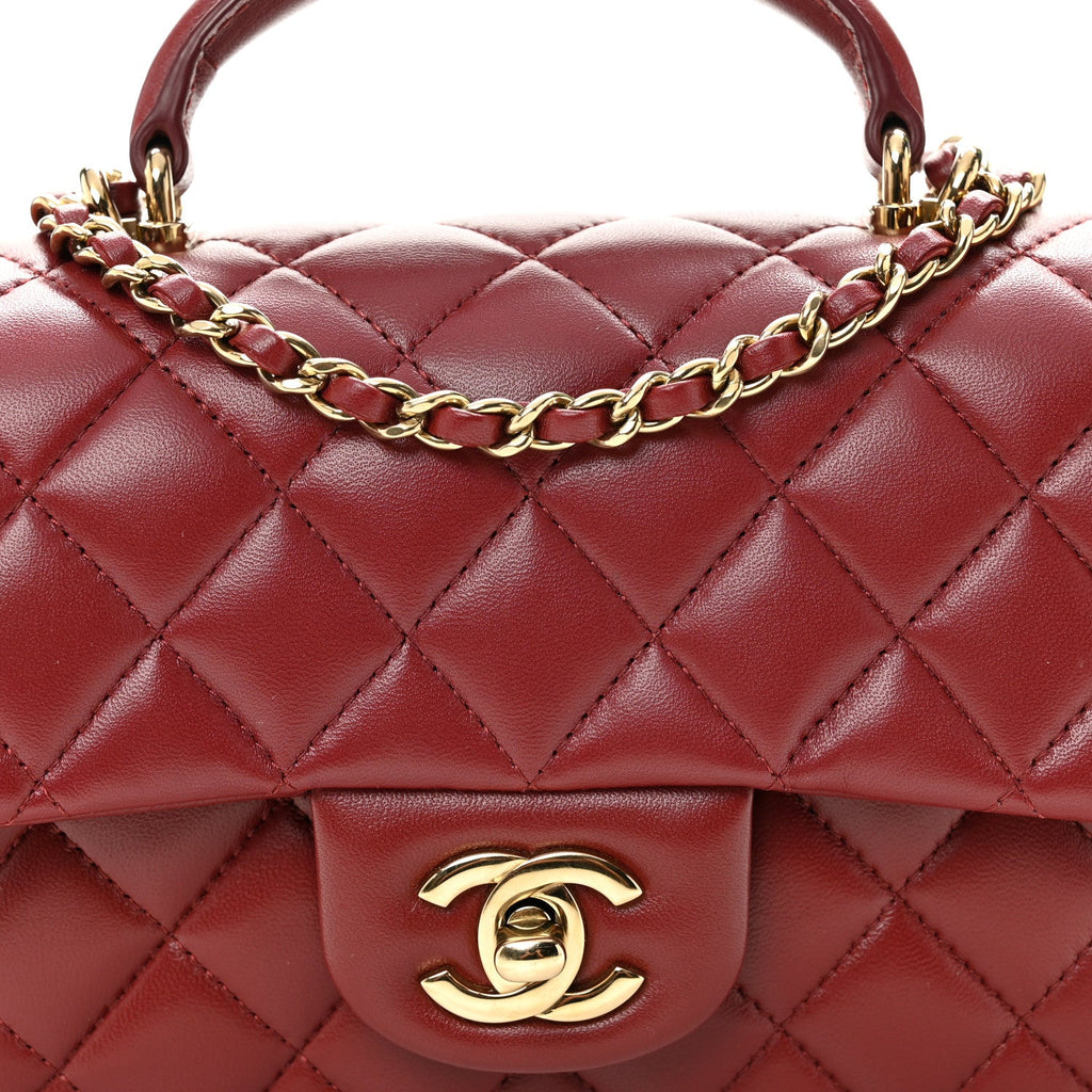 Lambskin Quilted Mini Top Handle Rectangular Flap Burgundy