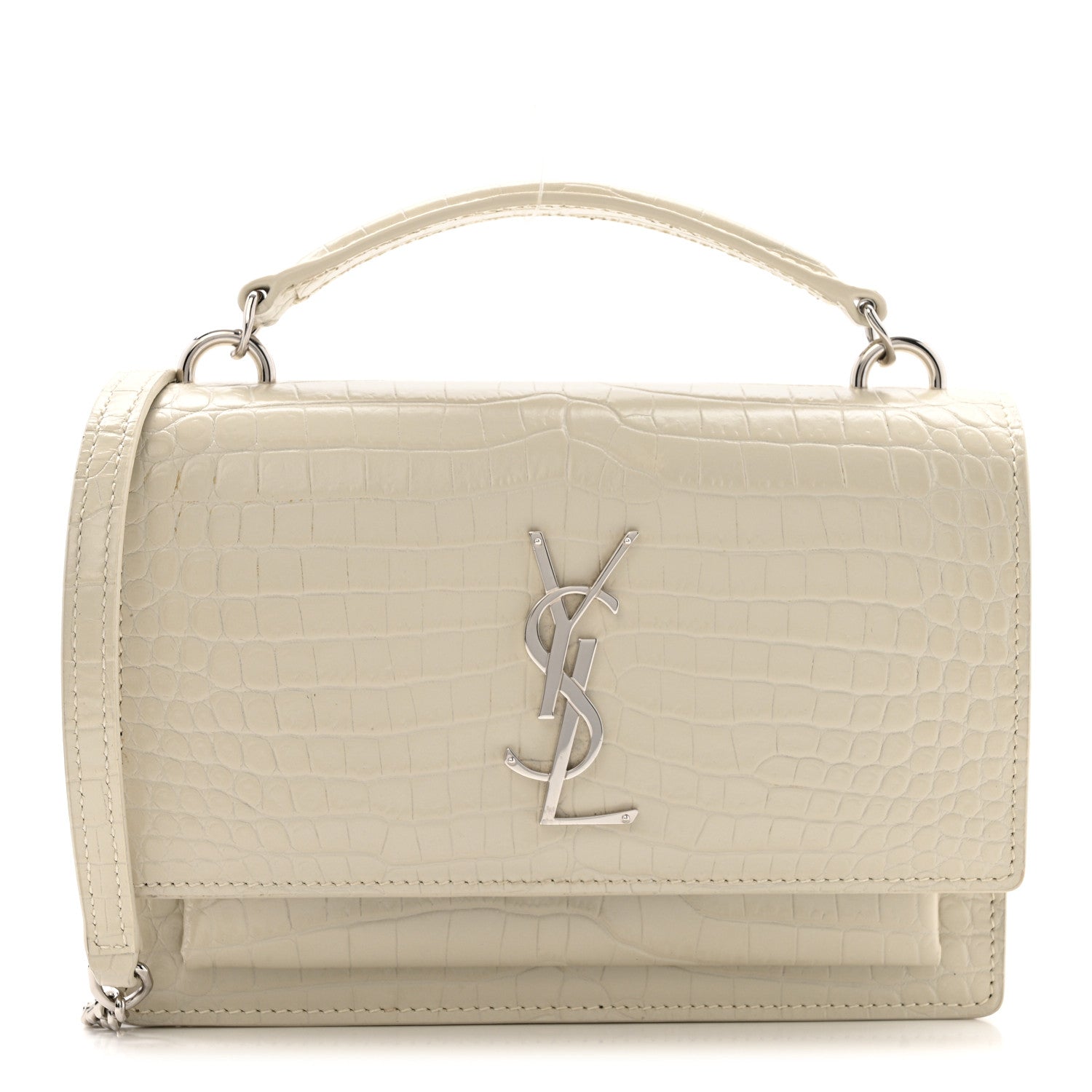 Calfskin Crocodile Embossed Monogram Sunset Chain Wallet Blanc Vintage